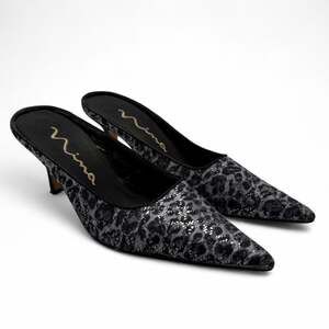 leopard print kitten heels sequin detail brand Nina black & gray heel mules